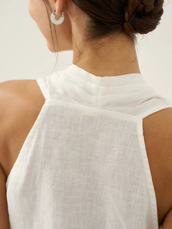 100% Linen Halter Neck Tie-Front Crop Top