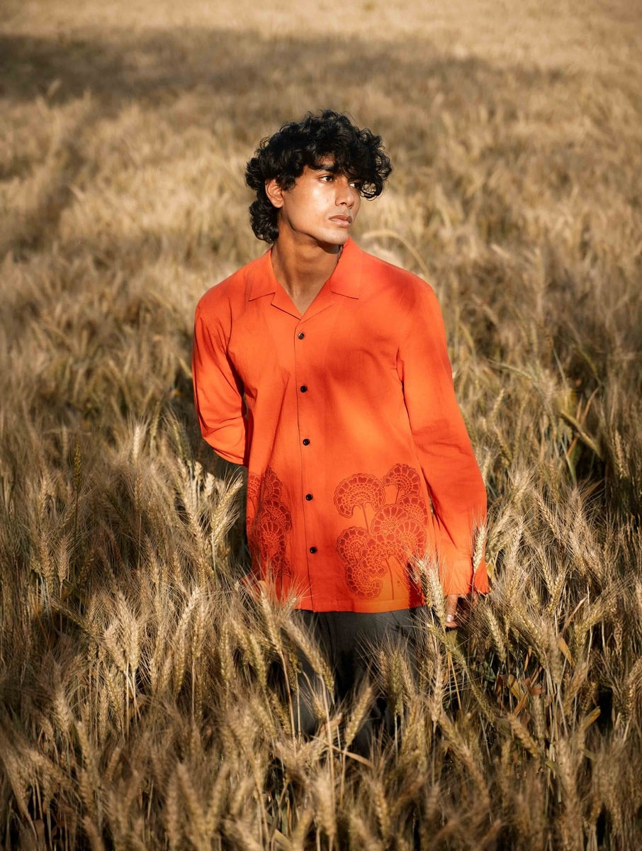 Men Terracota Orange Cotton Floral Block Print Shirt