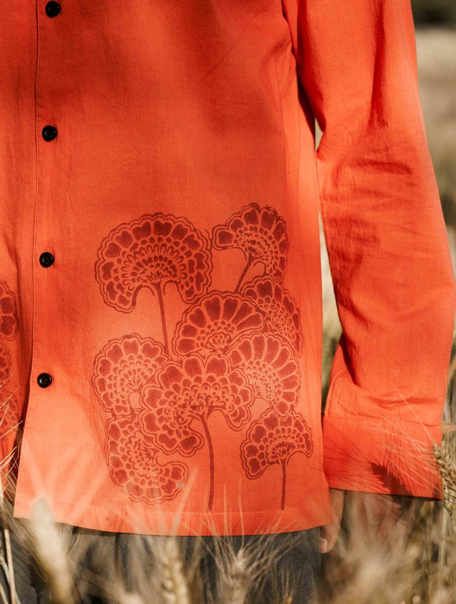 Men Terracota Orange Cotton Floral Block Print Shirt